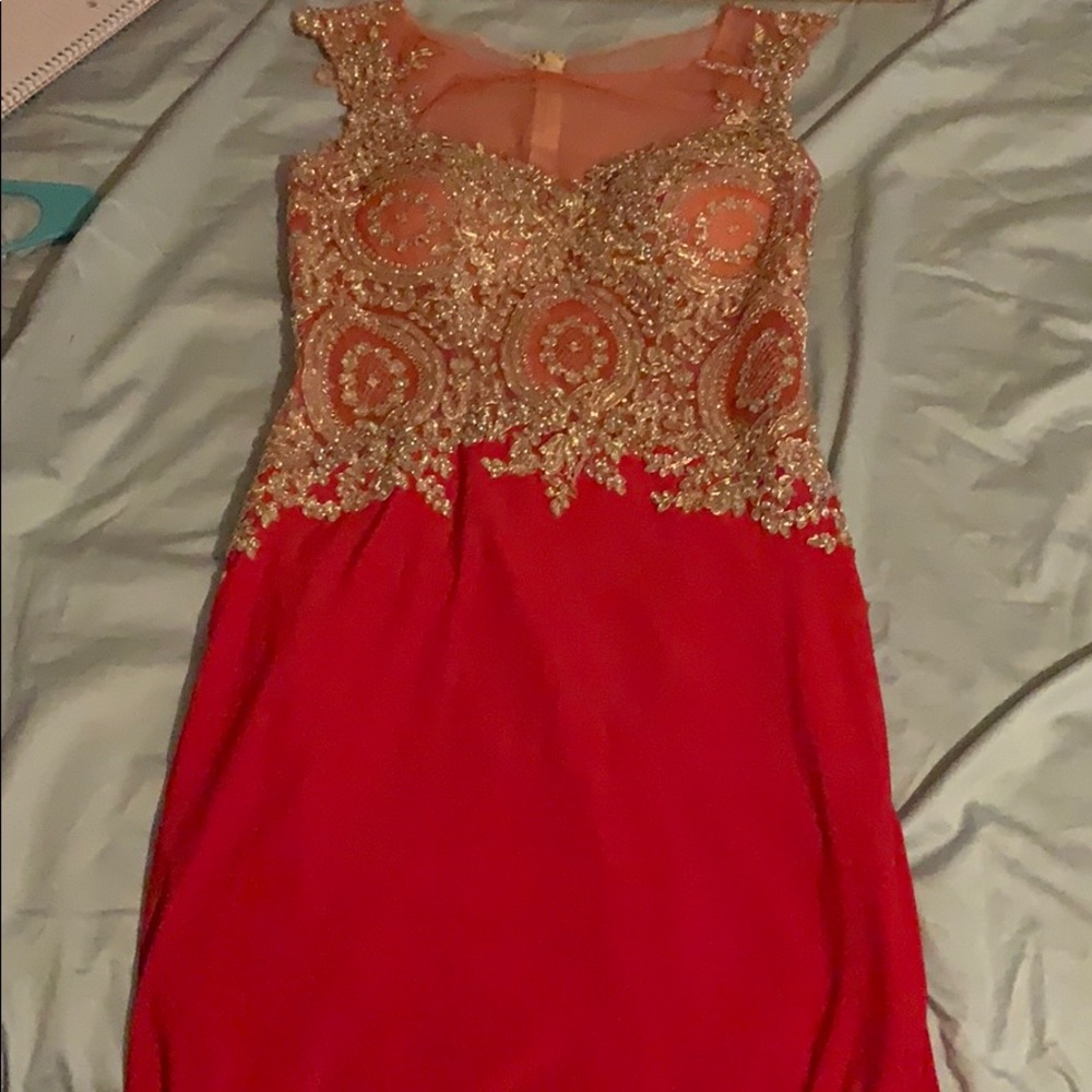 Red/gold long prom dress
